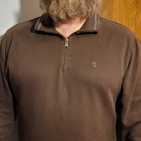 IZOD Men Brown Quarter Zip Sweater Large Cotton 3D Chest Logo Collared Old Money - Picture 2 of 10